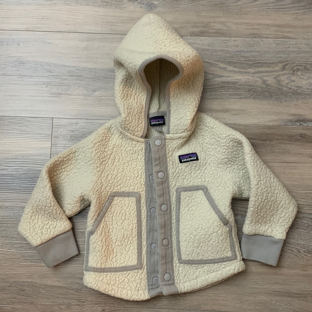 Patagonia Cream Sherpa Hooded Jacket with Tan Trim - Kids